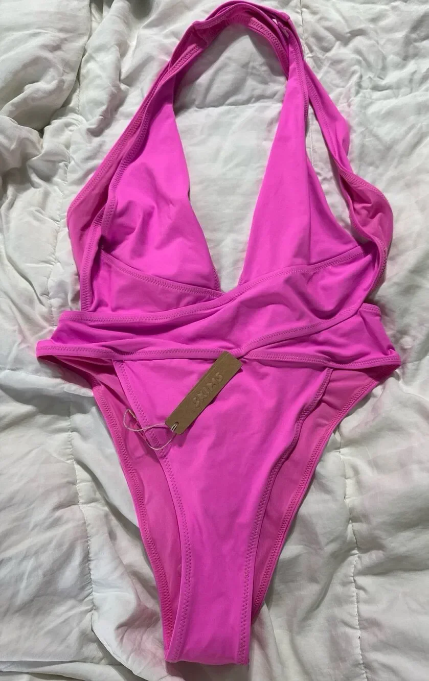recycled swim cut out plunge Monokini Neon Orchid small